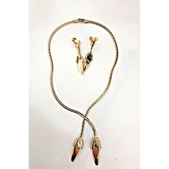 Park Lane Jewelry - Vintage Park Lane Necklace Earring Set Clip Ons Gold Tone Rhinestone 17"